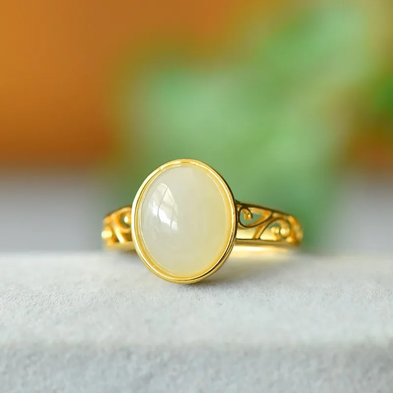 

Exquisite Copper Inlaid Hetian Jade White Jade Hollow Women's Ring
