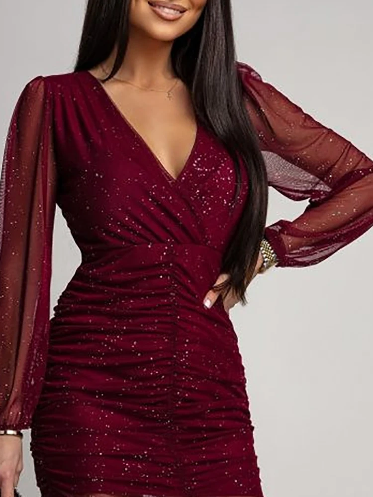 2026 malha de cintura alta a linha vestido moda feminina com decote em v manga comprida vestido de festa casual plissado deslocamento vestidos curtos mujer