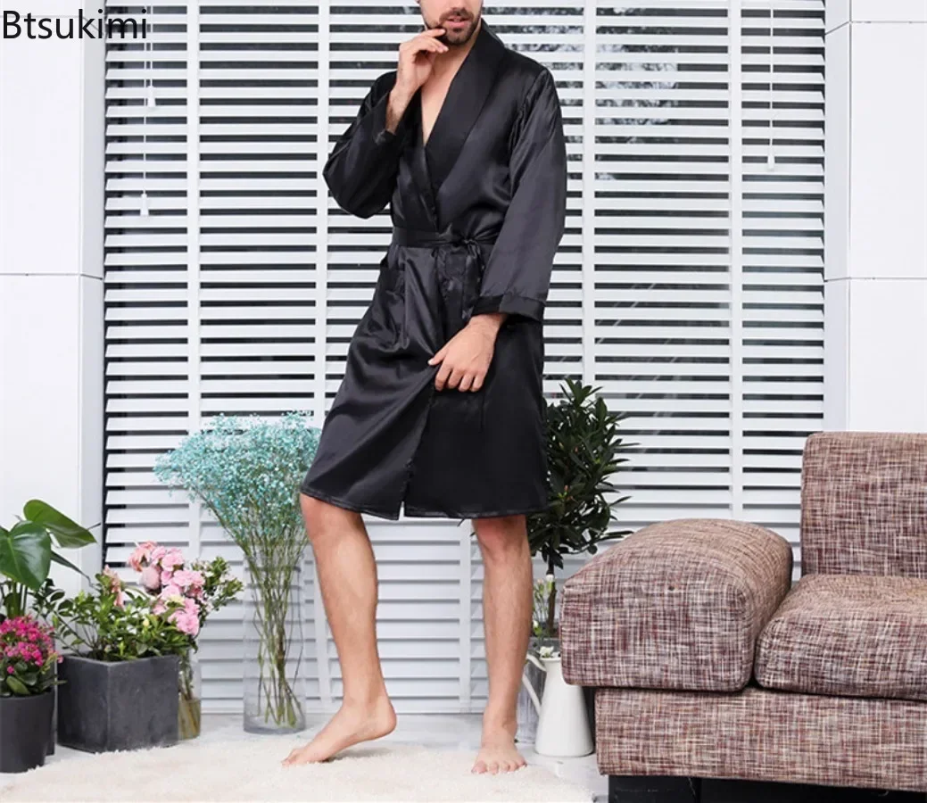 2024 Men\'s Summer Thin Pajamas Robes Men\'s Homewear Long Sleeve Kimono Bathrobe Black Silk Satin Sleepwear Male Lounge Nightwear