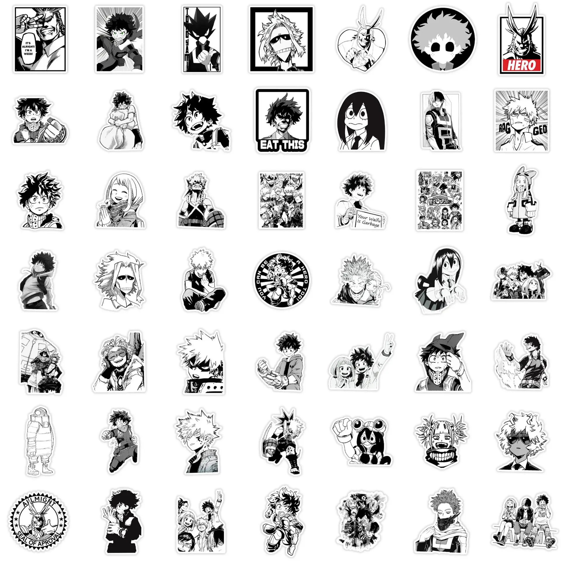 50pcs Black and White My hero Academy Cartoon Graffiti Stickers Suitcase Laptop  Waterproof Sticker Decoration