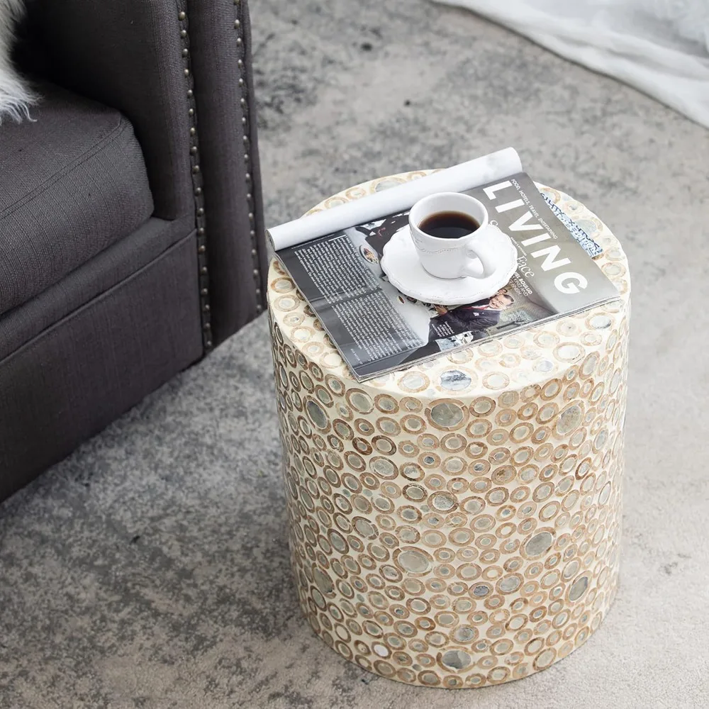 Table d'appoint en nacre pour la maison, tabouret Capiz rond crème, table basse Live Edge, support pour plantes de salon, 14 x 14 x 16