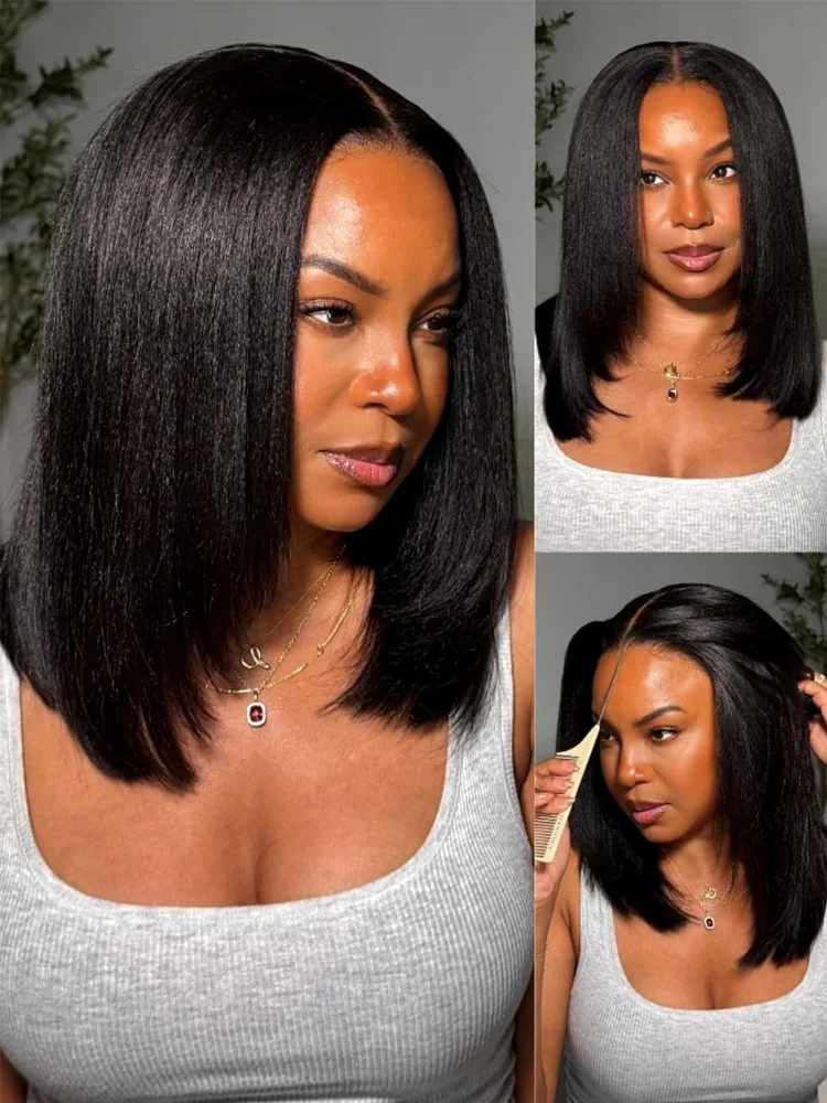 Yaki Straight Short Wig With New Trend Younger Kinky Edges 5x5 Hd Lace Closure Bob Wigs Vietnamese Raw Human Hair Wig Natural Black Color Pre Plucked 220% Density Short Bob With Black Women