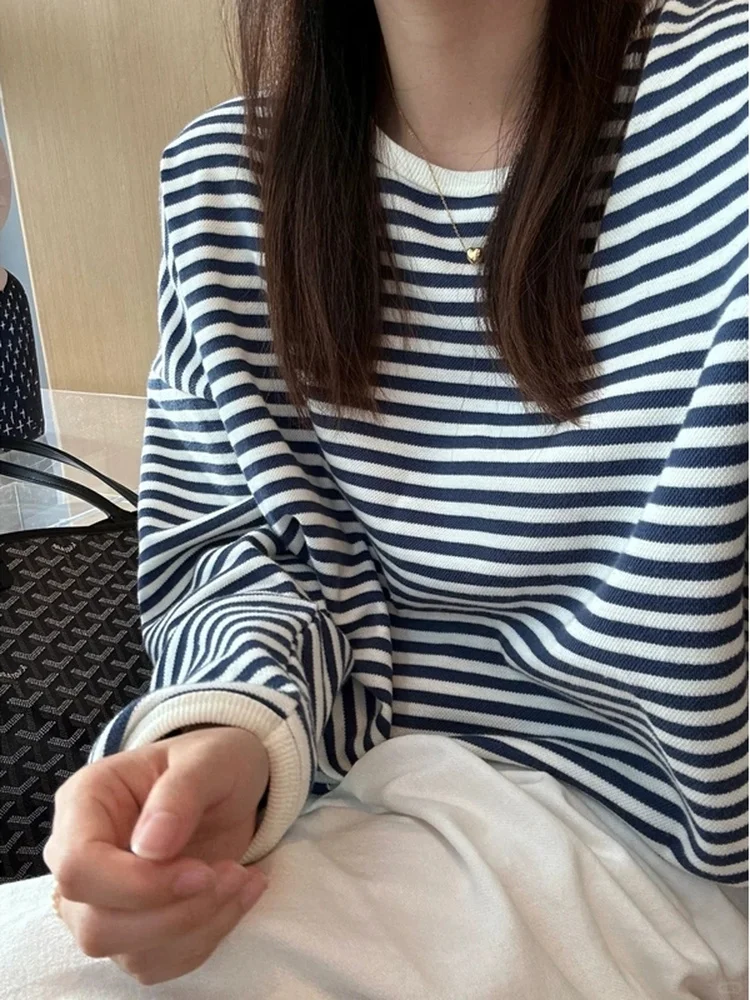 Unisex Pure Cotton Long Sleeve T-Shirt Striped Fashionable Summer Sun Protection Loose Fit round Neck Regular Length T-Shirt