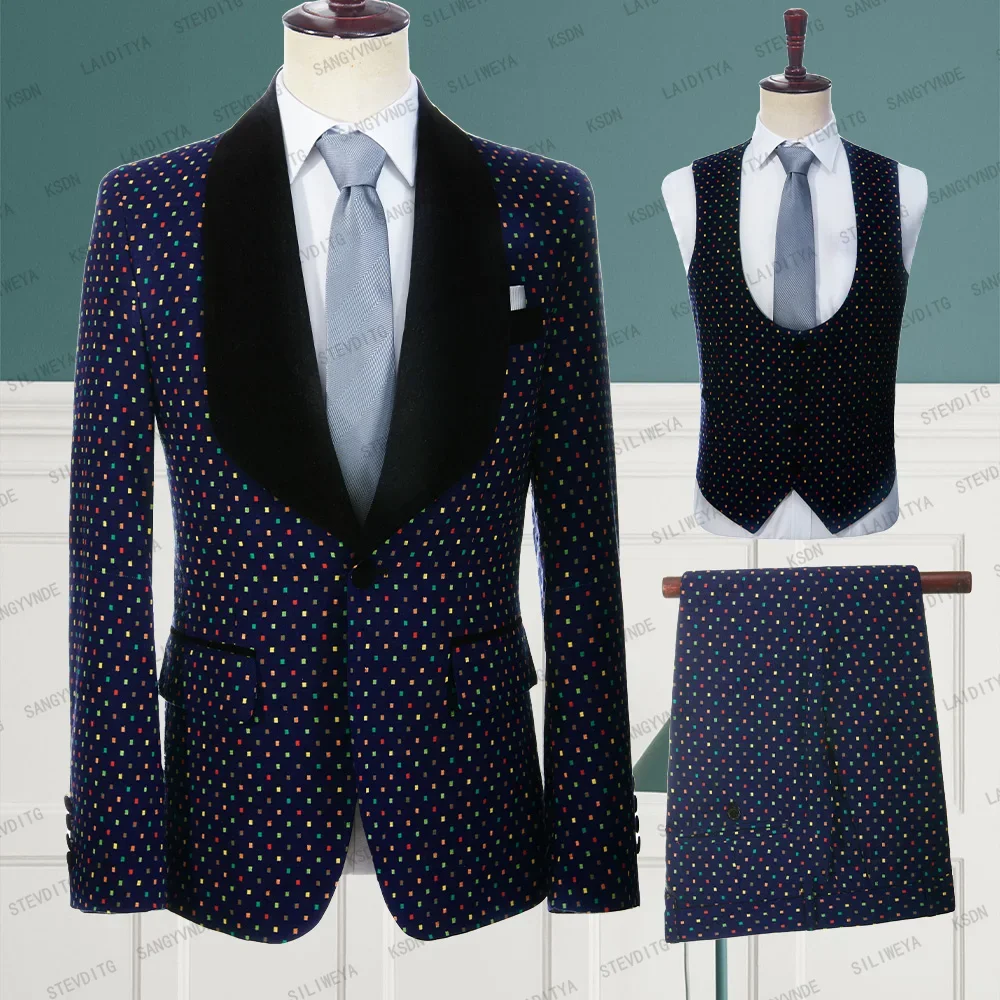 

New Fashion Men Suit Business Groom Wedding Dark Blue Linen Black Lapel Colorful Dots 3 Pcs Set（Jackets+Vest+Pants）