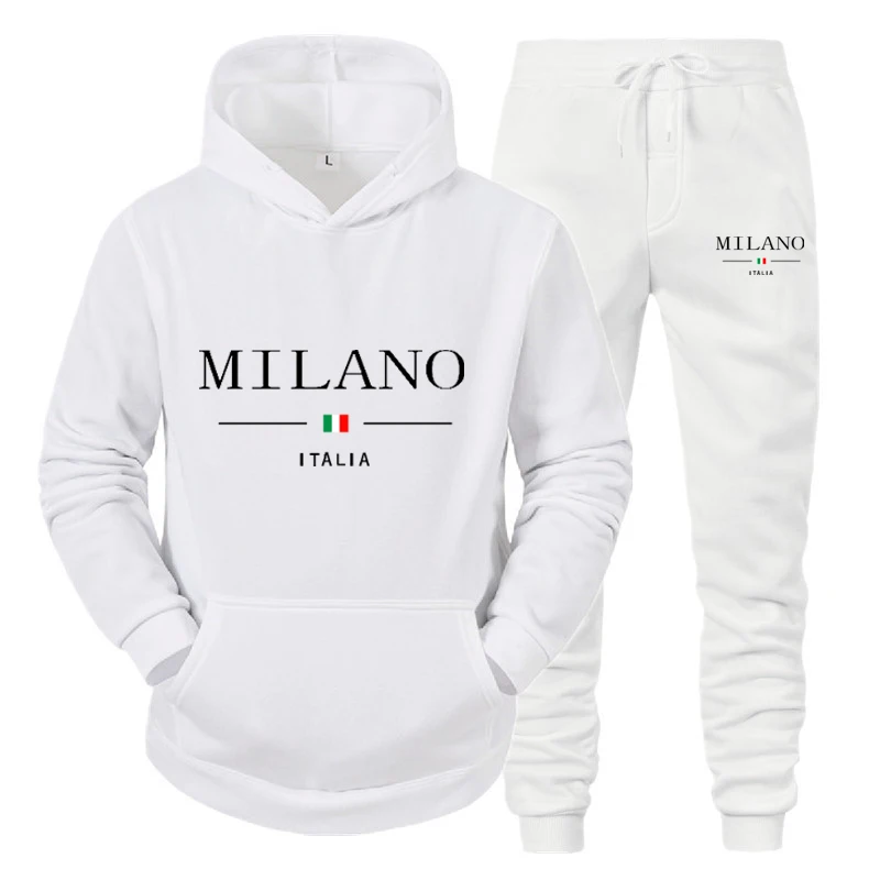 Fashionable Men\'S Hoodie Set Milan Print Luxury Sweatshirt + Pants 2-Piece Casual Suit Harajuku Street Jogging Sportswear Suit