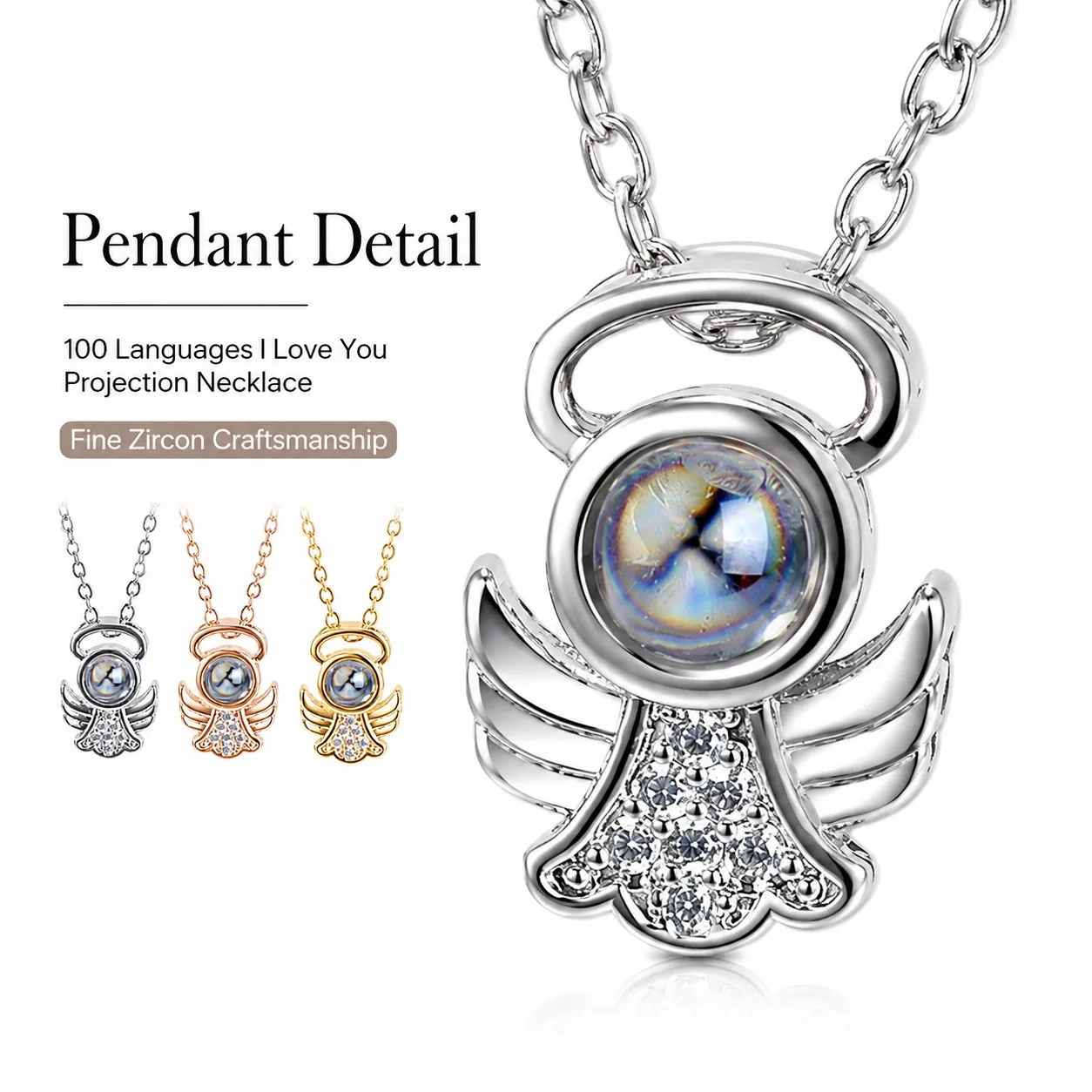 100 Languages Projection Angle Zircon Pendant Necklaces With Rose Gift Box For Women Christmas Valentine Birthday Jewelry