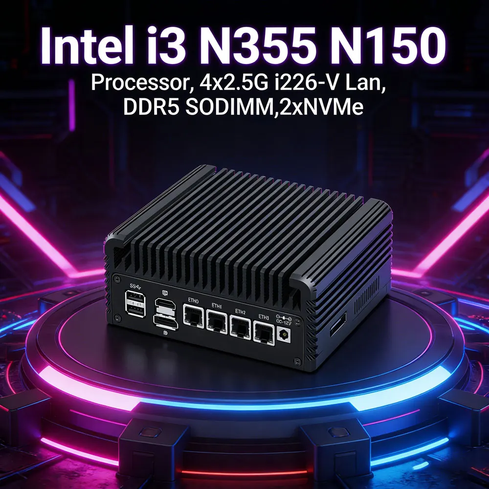 

Mini Fanless Industrial PC Intel i3 N355 N305 N200 N150 4xIntel I226V Nics Desktop Computer HDMI DP 4K 8*USB Office Small Pc