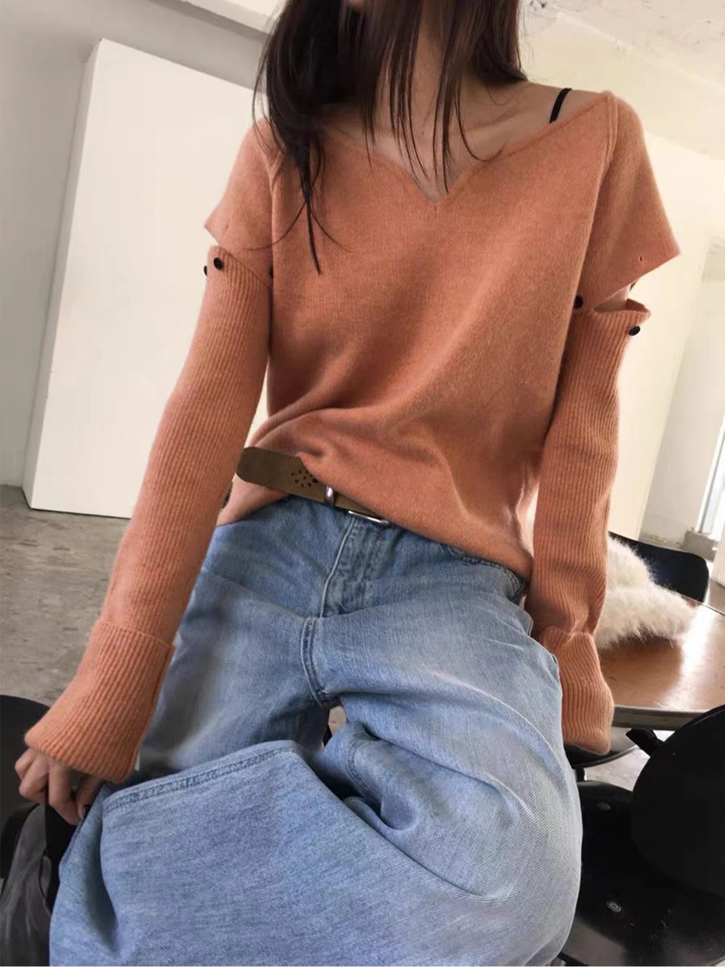 MOSA Women's Knitted Sweater Set Loose Fit round Ne Detachable Sve Casual Sle Long Sve Top Two-Piece Ensemble