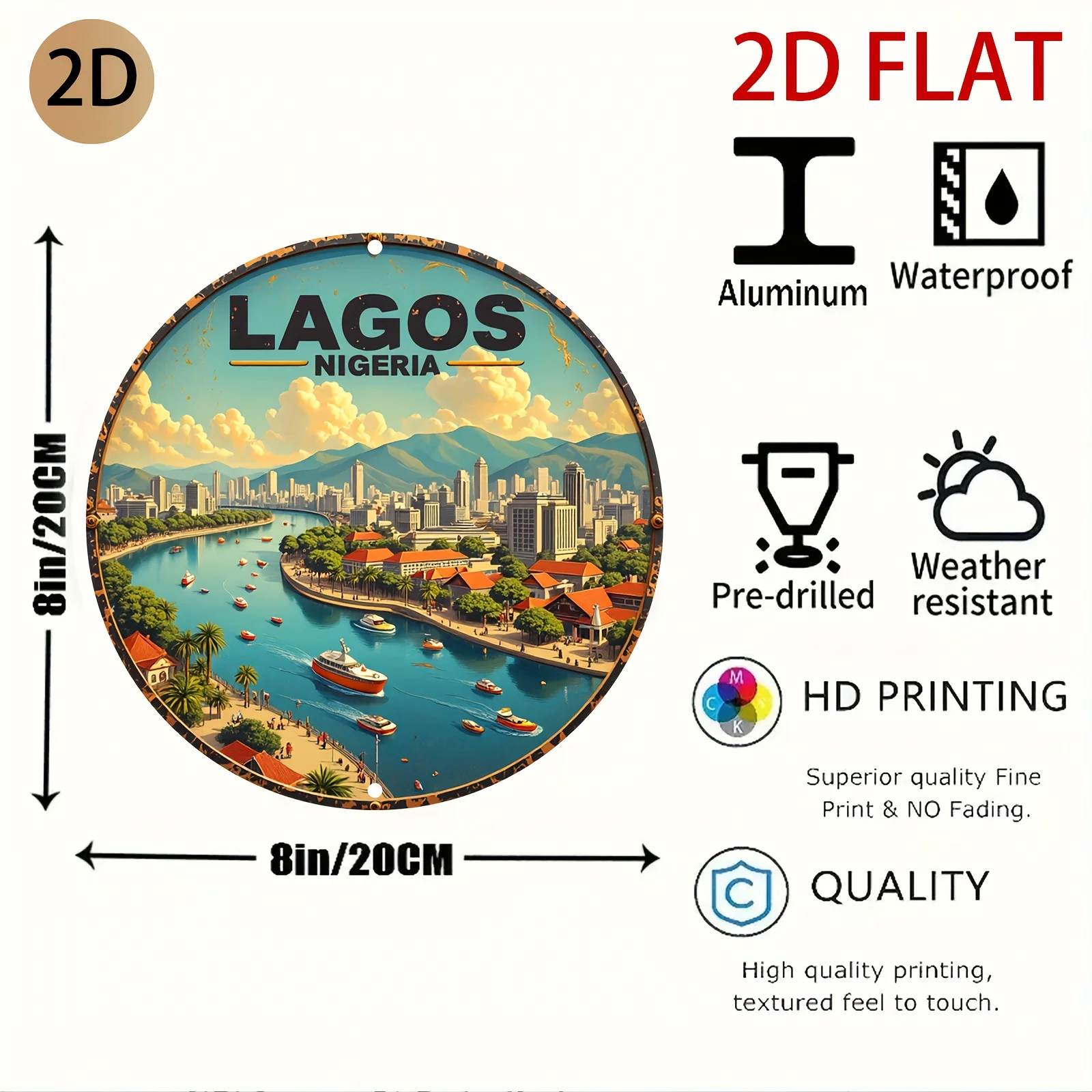 Lagos Nigeria City Map Metal Wall Art - Retro Vintage Nigerian Cultural Decor with Lagos Skyline, Lagos Island & Lagoon - Indoor