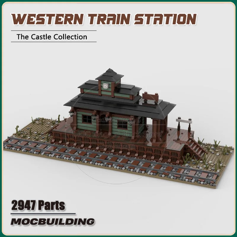 Western Train Station MOC Building Blocks Transportation Architecture Technology Bricks DIY Assembly Collection Toys Xmas Gifts