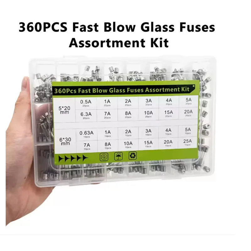 DaierTek 360Pcs Fast Blow Glass Fuses Assortment Kit 24 Values Auto Fuses Assortment Kit 250V 5x20mm & 6x30mm Glass Tube Fuses