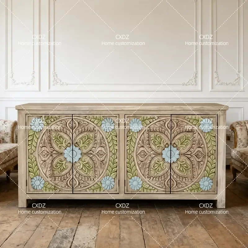 Retro Solid Wood Locker Decorative Storage Side Cabinet Painted Entrance Console Table for Living Room Hallway Home