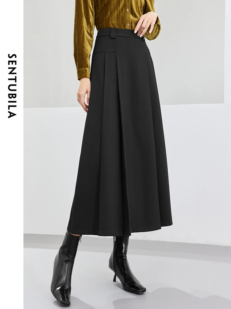 

SENTUBILA Black Pleated Skirt Women 2024 Spring Autumn Elegant Fashion High Waist A-line Long Skirt Womans Clothing 141Q52759