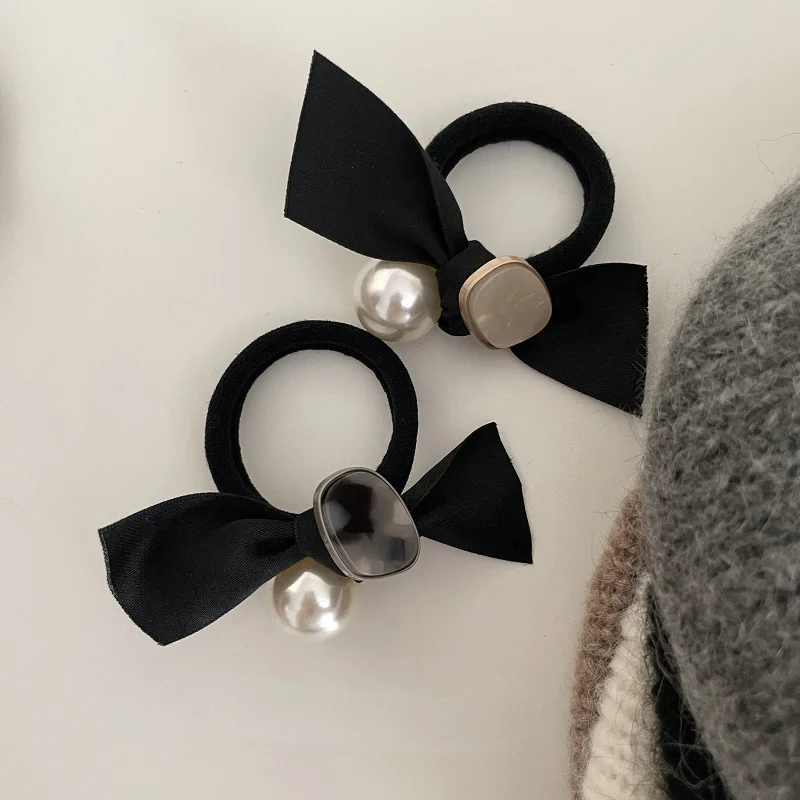 

French Vintage Pearl Bowknot Hair Rope Acetic Acid Elastic Leather Band Hair Loop 2023 New Hair Accessories Headwear for Women