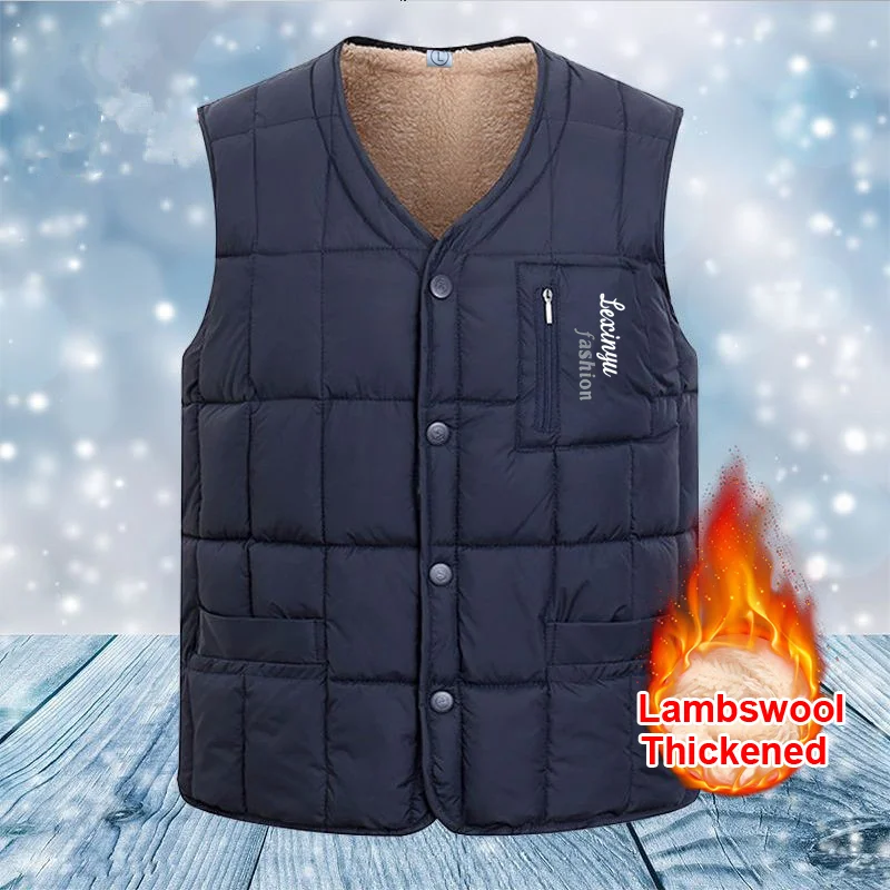 

New Men's Fleece-Lined Vests Autumn Winter Thickened Cotton Vest Top Sleeveless Outdoor Windproof Vest V-neck Jackets Large Size