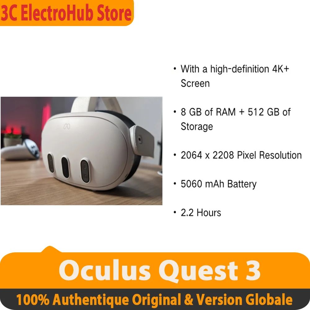 Casque de réalité virtuelle tout-en-un Oculus Quest 3 avec écran 4K+ haute définition, 8 Go de RAM + 512 Go de stockage, résolut
