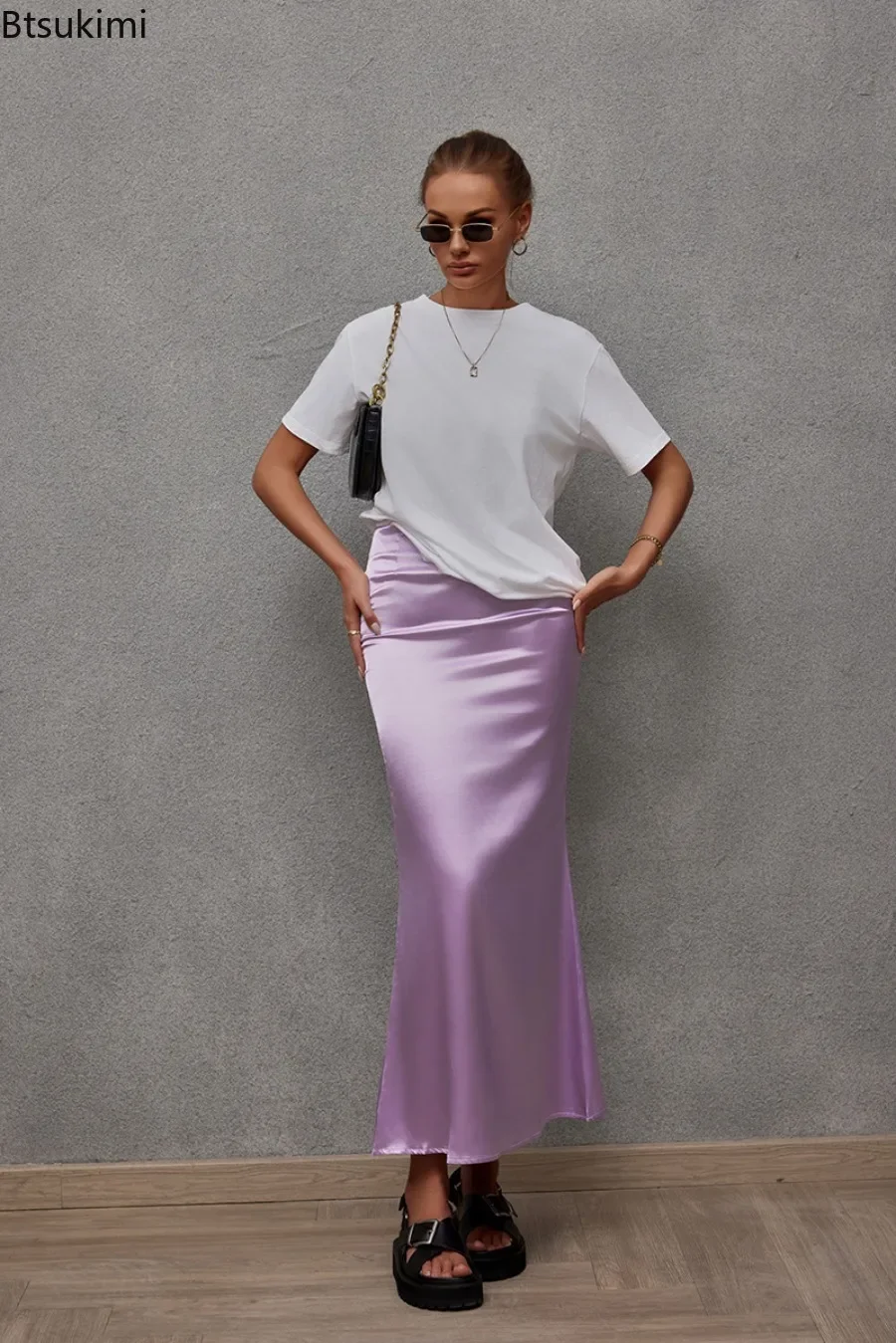 New Fashion Women's Satin Party Long Skirts Solid Elegant High Waist Casual Basic Skirts Summer Sexy Slim Fishtail Skirts Femme