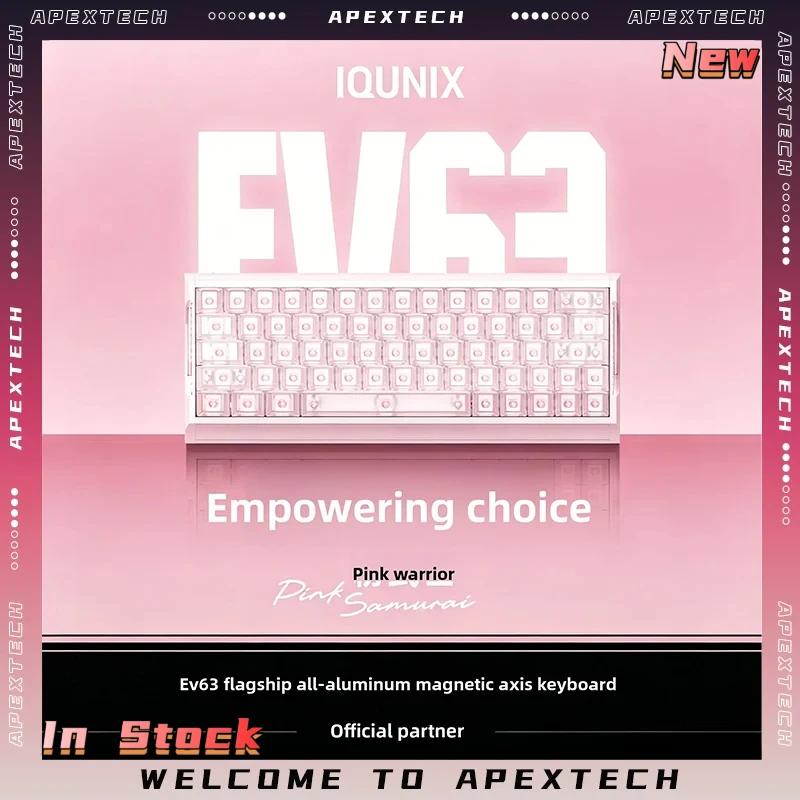New IQUNIX EV63 Pink Warrior Hall Effect Keyboard 64 Keys Aluminum Case 8K Polling 0.01mm RT V3 Firmware Hot Swappable RGB