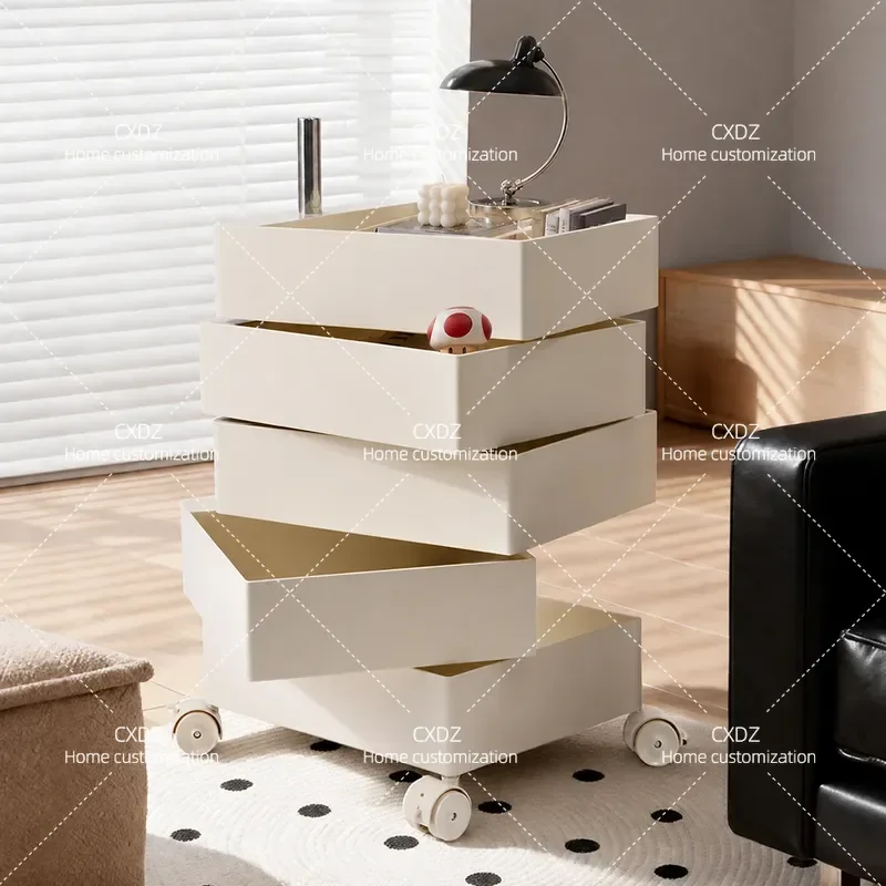 Mobile Rotating Storage Cabinet Multi Layer Cosmetic Cart with Drawers Side Table for Snacks and Beauty Organization