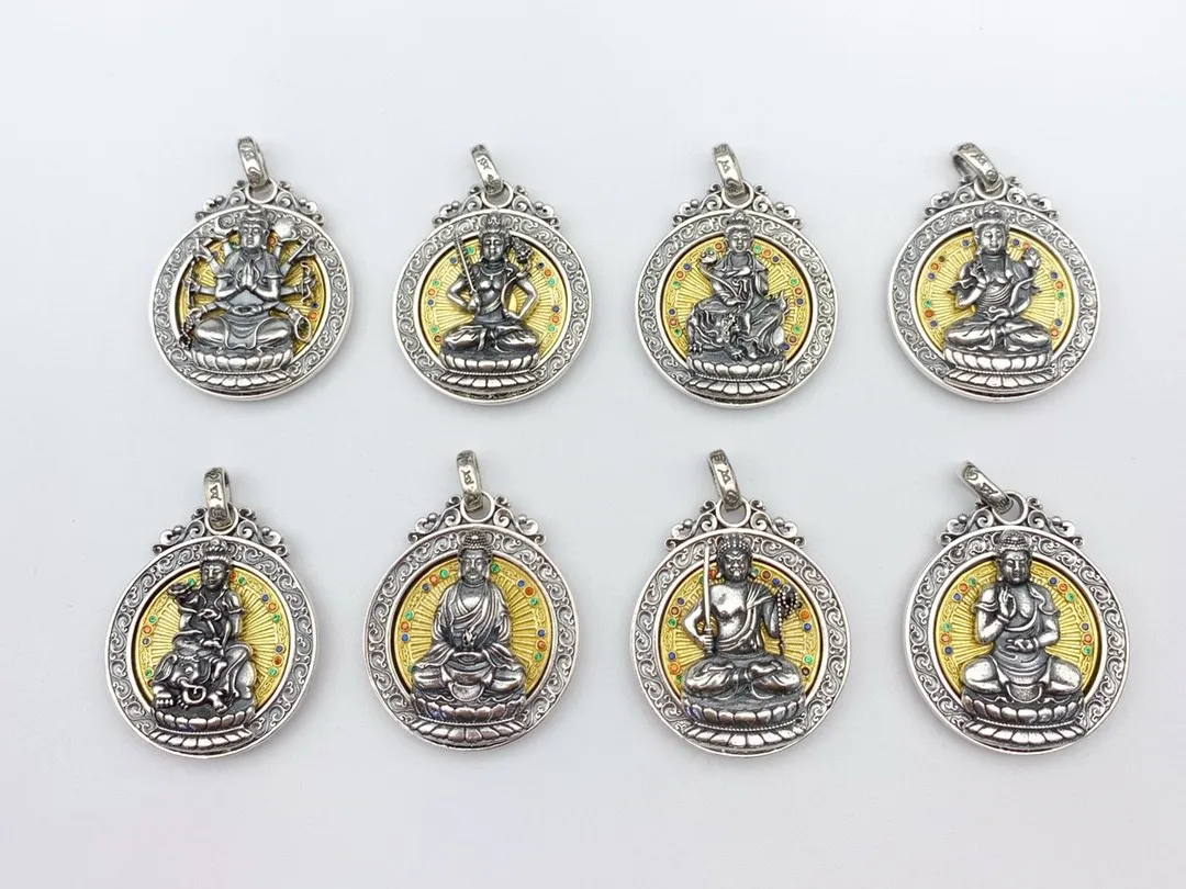 

S925 sterling silver six words mantra Buddha rotating pendant Thai silver twelve Zodiac patron Saint pendant men and women