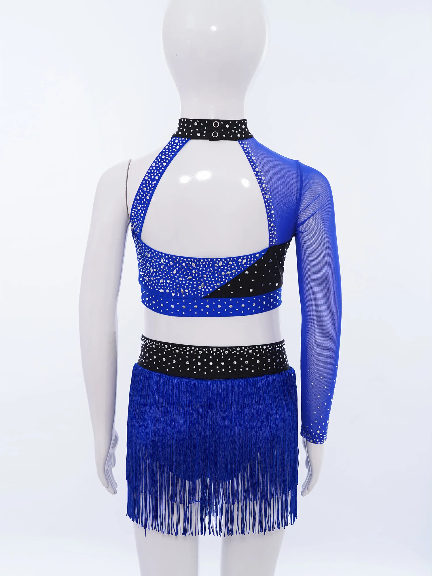 Novas meninas conjunto de dança latina roupas crianças dança latina cor bloco colheita topo + saia franjas cha rumba samba dança prática terno