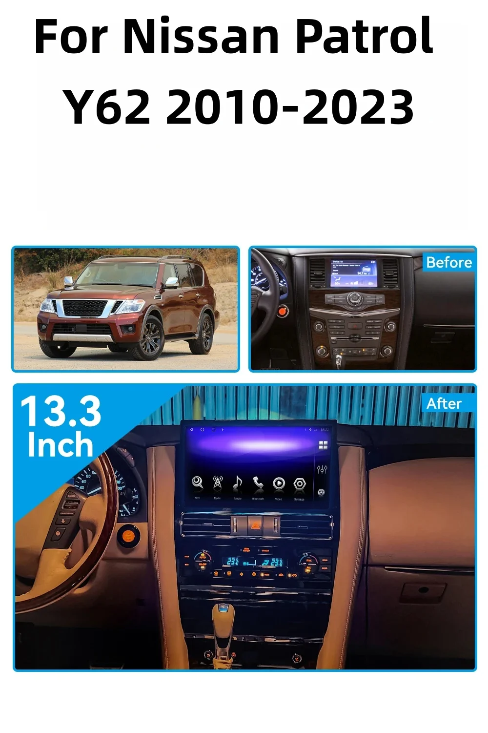 الوسائط المتعددة اللاسلكية CarPlay مشغل فيديو بلوتوث ستيريو لنيسان باترول Y62 2010-2023 أندرويد نظام تحديد المواقع نافي رئيس وحدة لمس