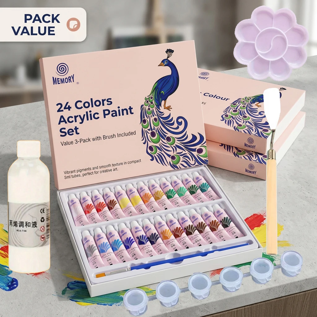 12/24 Colors 5ml Acrylic Painting Pigments Set with Scraper Blending Liquid Mixing Palette And Plastic Box for Glass Painting