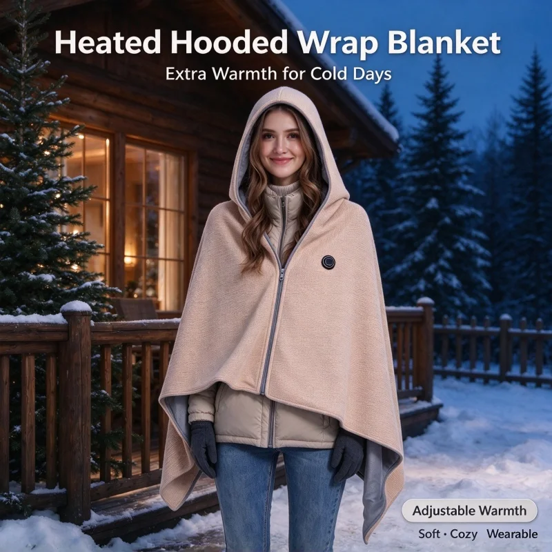 USB Heated Hooded Shawl Blanket, Wearable Electric Heating Warm Blanket - With Zipper | Home Office Outdoor Travel Winter Warmth