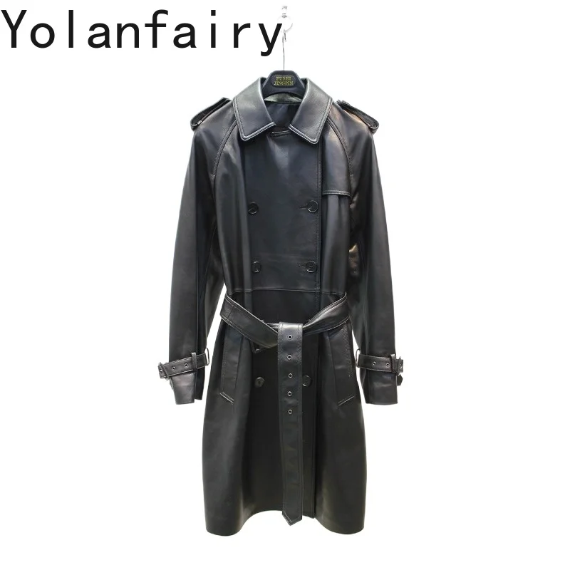 YOLANFAIRY Women Genuine Sheepskin Leather Trench Coat Autumn Retro Double Breasted Mid-long Real Leather Jacket Outerwear Belt
