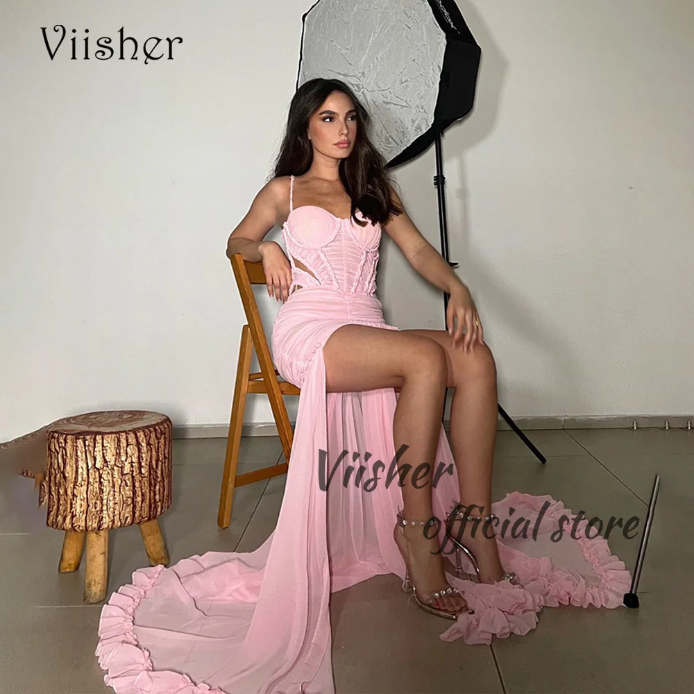 

Viisher Pink Chiffon Mermaid Evening Dresses with Slit Spaghetti Straps Sweetheart Prom Party Dress with Train Long Event Gown