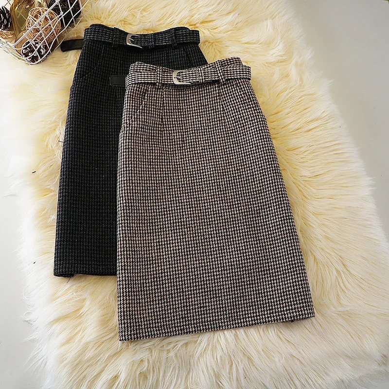 

QNPQYX Woolen Skirt Women's Dress Autumn and Winter High Waist Large Size Pocket Retro Skirt Houndstooth Plaid One-step Skirt