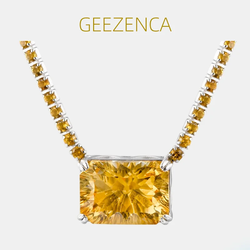 GEEZENCA Luxury Natural Citrine S925 Silver Box Chain Pendant Necklace Women Yellow Stone Gemeotric Chokers Necklaces 2023 New