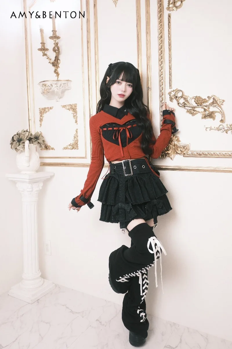 Subculture Mass-Produced Gothic High-Waisted Denim Puff Skirt Japanese Mine Series Gothic Belt Slim Fit Multi-Layer Mini Skirt