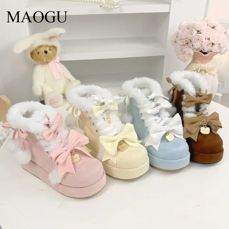 Chaussures d'hiver Cosplay, bottes courtes en peluche pour filles, tailles 35-39, jolies chaussures Lolita avec nœuds, bottines à plateforme mi-mollet.