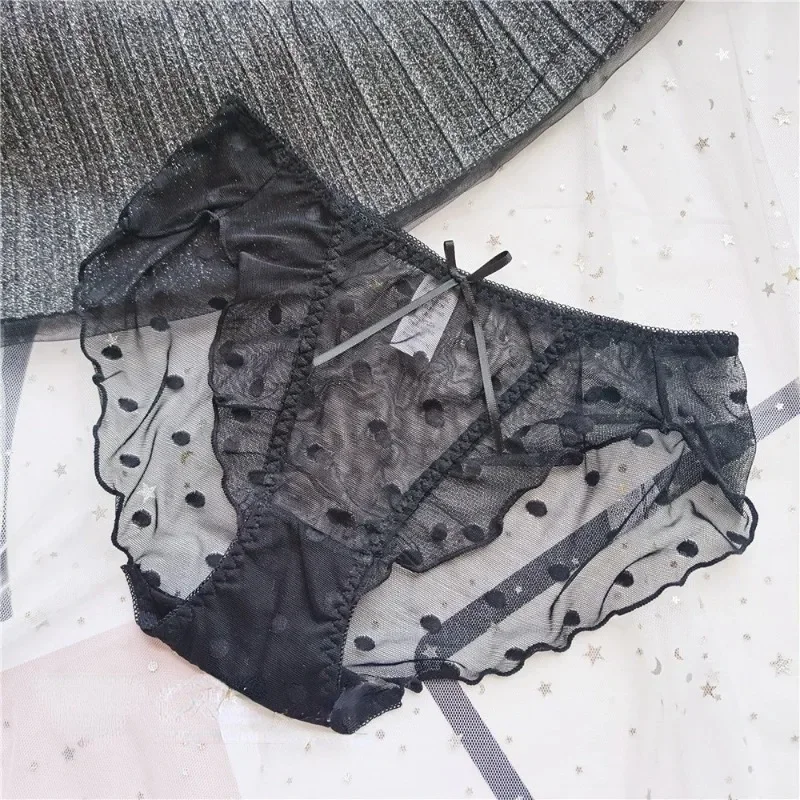 'S Lace Underwear Girly Cute Polka Ruffled Cotton Elastic Thin Translucent Low-Waist Women Panties