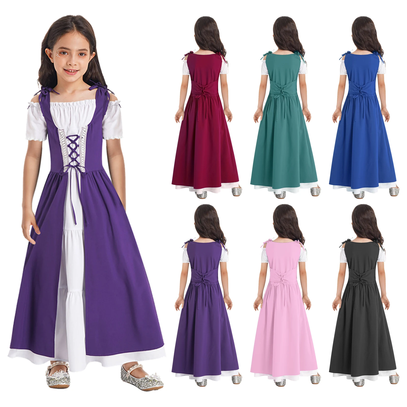 Kids Girls Medieval Renaissance Cosplay Costume Short Sleeve Lace-up  Ruffle Dress for Halloween Fancy Dress Party Performance