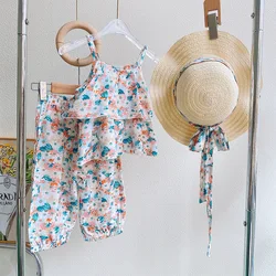 Summer Kids Baby Girls Flower Suspender Tops Vest + Casual Pants ChildrenTwo-piece Clothing Sets with Free Hat