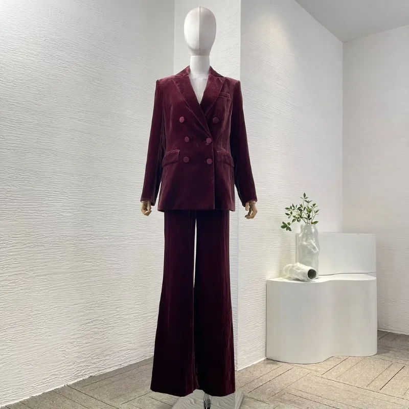 Ladies' Beard Red Long Sleeve Office Women Elegant High Quality Turn Down Collar Blazer Tops and Pants Set 2024