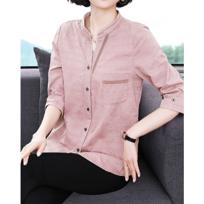 2022 New Summer Cotton Linen Fashion Casual Vintage Plaid 3/4 Sleeve Oversized Comfortable Simple Shirt Blouse Female Loose Top