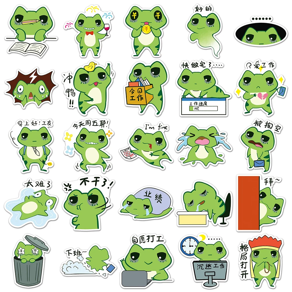 10/30/50pcs Funny Cute Working Frog Cartoon Stickers DIY Water Bottle Phone Case Luggage Kawaii Animal Graffiti Decals Kids Toy