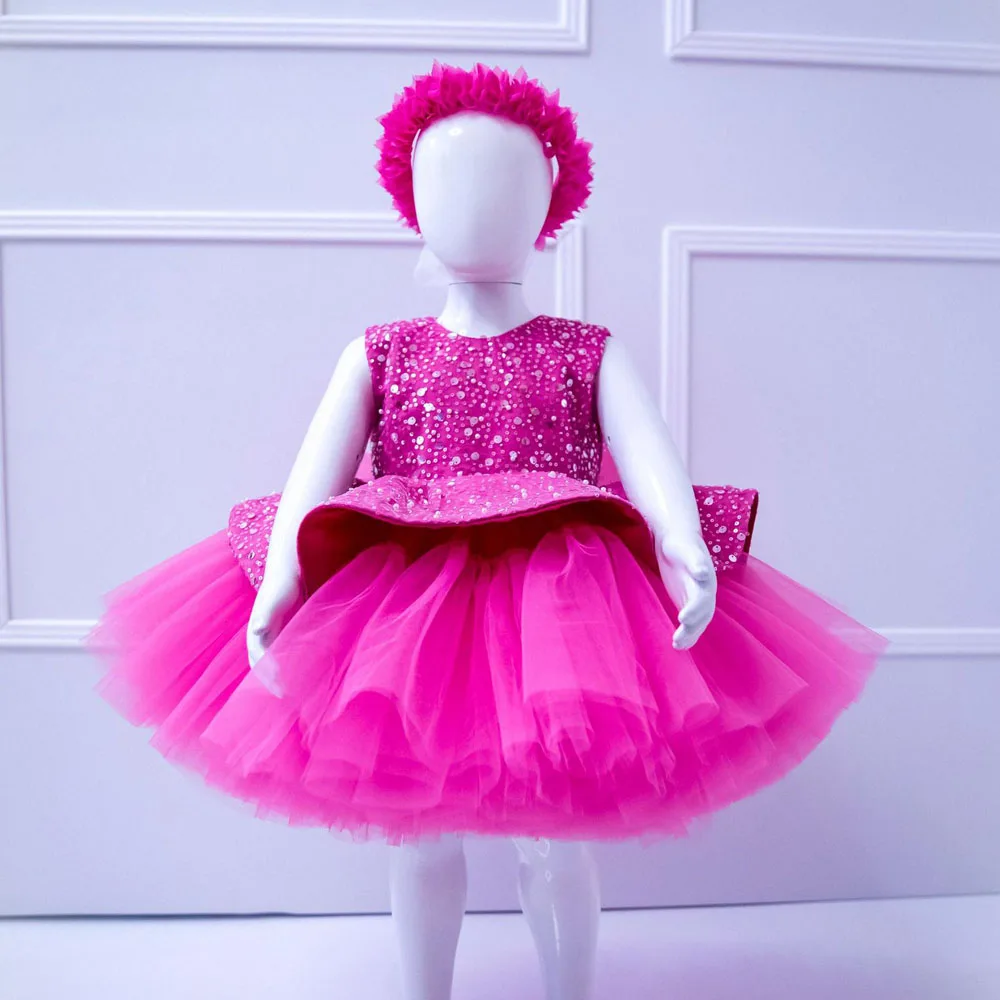 New Arrival Elegant Pink Puffy Kids Party Dress Formal Children Birthday Sequined Flower Girls Gown Baby Tulle Princess Dress