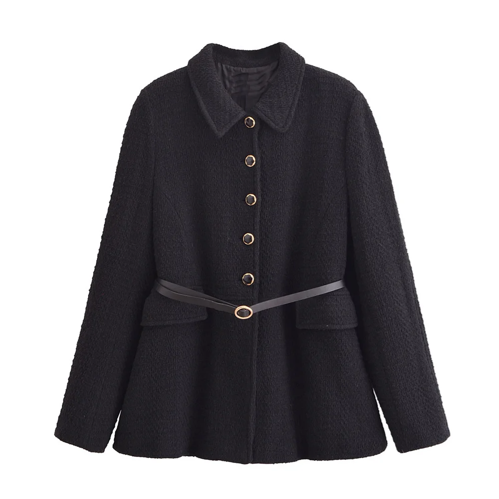 Xiaoxiangfeng مع حزام، سترة ذات نسيج بلون موحد، منتج جديد للخريف والشتاء، سترة طية صدر السترة بأكمام طويلة للنساء