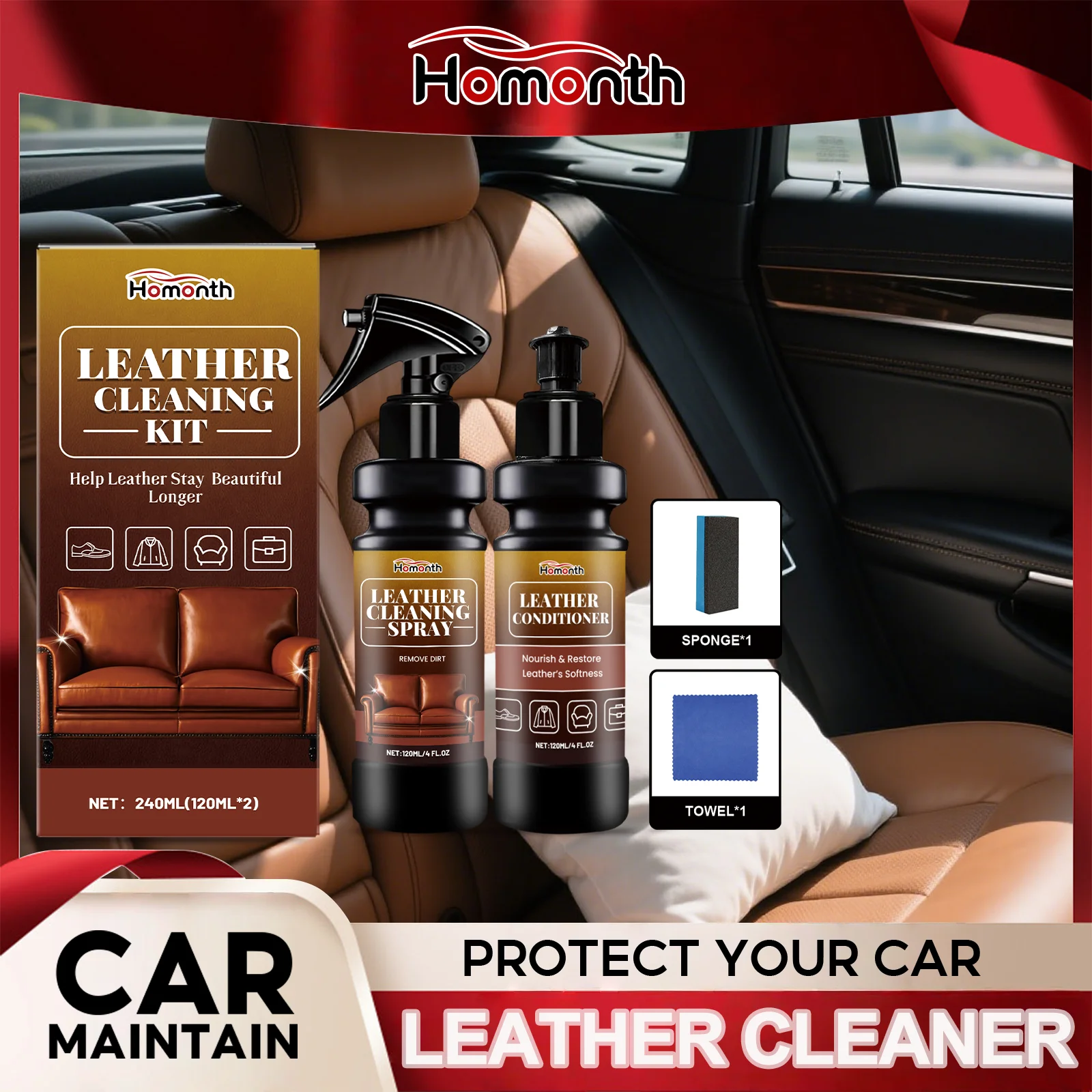 Leather Cleaner And Conditioner Kit Deep Spray Nourishing Cream Set for Softness Shine with Cracking Prevention Includes Sponge