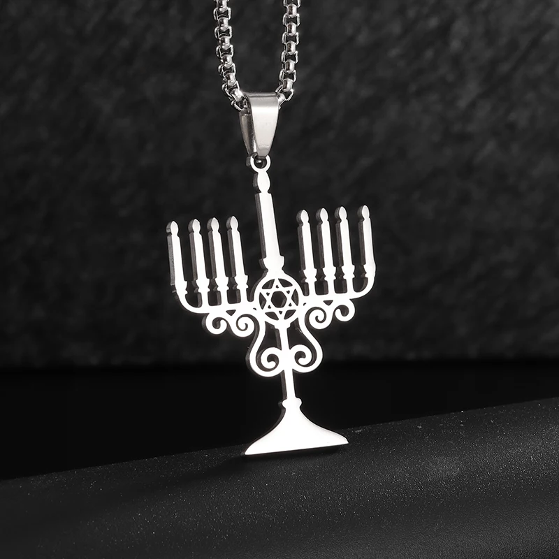 Stainless Steel Jewish Menorah Star of David Pendant Judaism Hebrew Faith Lighting Amulet Necklace for Women Men Elegant Jewelry