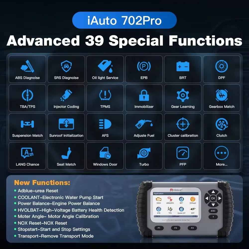 VIDENT iAuto702 Pro OBDII Car Scanner ABS SRS System 39 Special Function ECU Coding Bi-direction Control  Lifetime Free Update