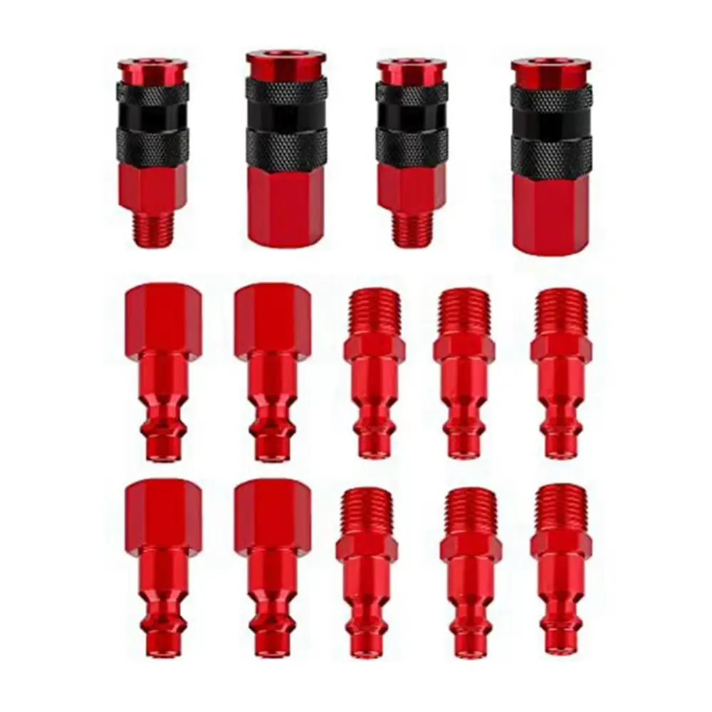 1/4 Inch NPT Thread Air Coupler Plug Kit Aluminium Lightweight Universal Fitting Air Compressor Accessories Red Coating