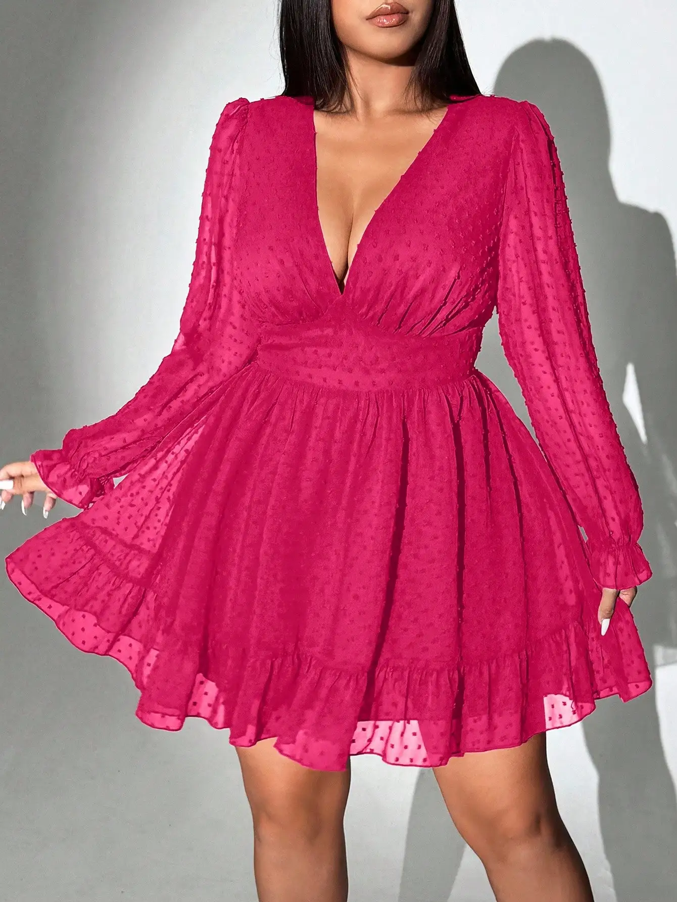 Deep V-Neck Ruffle Hem Long Sleeve Solid Mini Dress For Women
