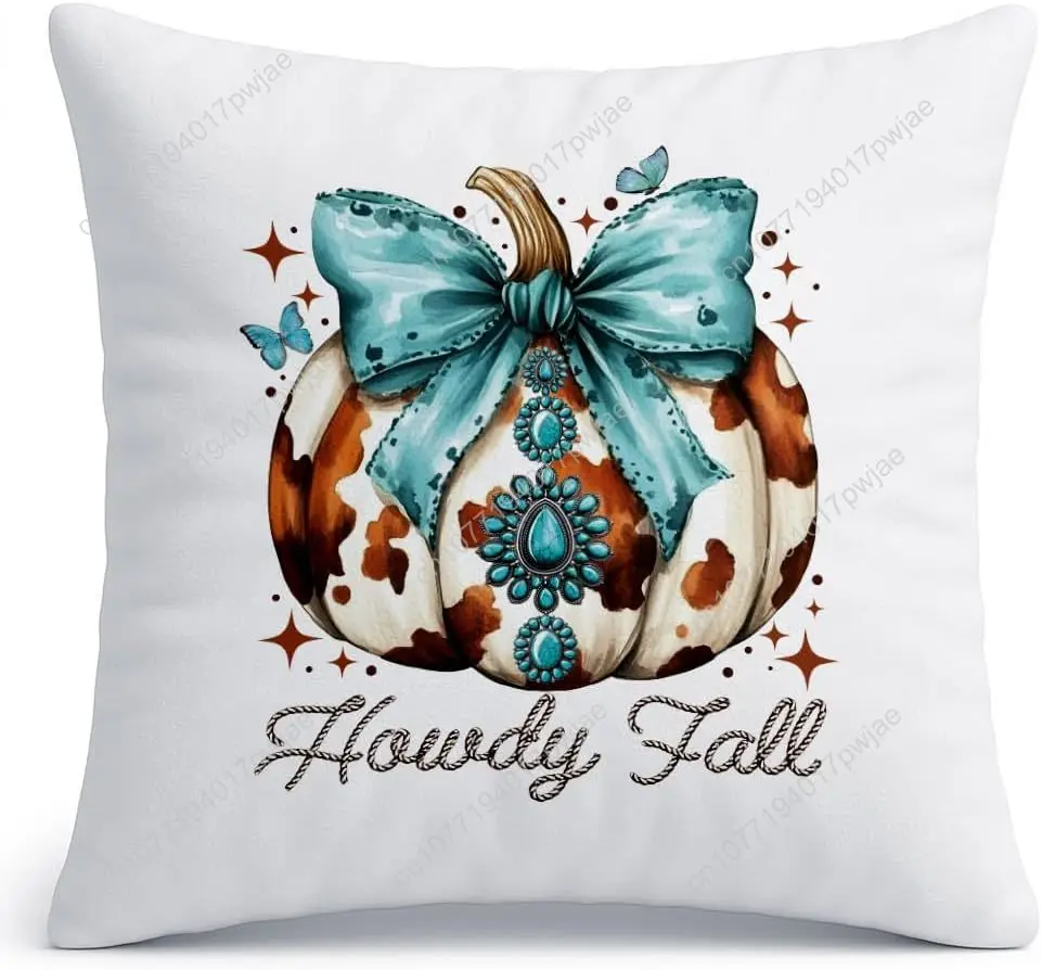 

Howdy Fall Pumpkin Pillow Cover – 18x18 Blue and Orange Rustic Autumn Throw Pillow with Turquoise Bow, Butterfly, and Fall Decor