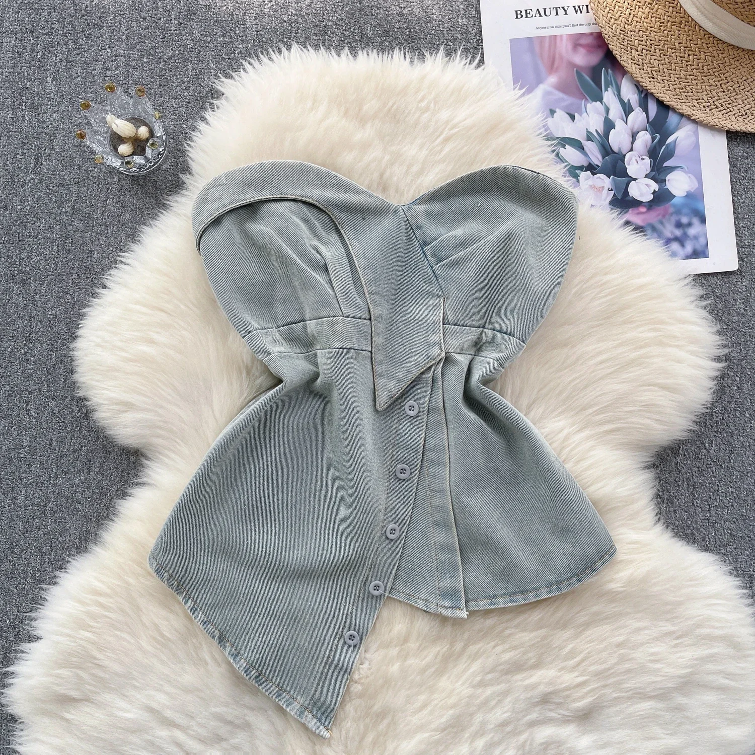 Chic Denim Asymmetrical Tube Top Korean Fashion Tank Top Slim Sexy Strapless Casual Hotsweet Crop Tops Summer Women Clothing