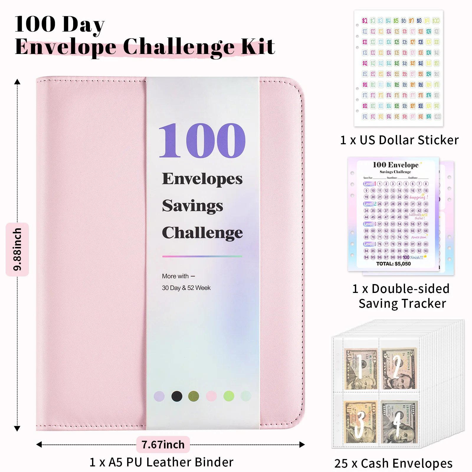 100 Envelope Savings Challenge Zip Bag kit Loose-Leaf Budget Binder With Cash Envelopes Saving Money Notebook Gift